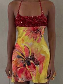 Fashion Printed Bead Splicing Dress Vacation Dress - 紅色 - 查看 7