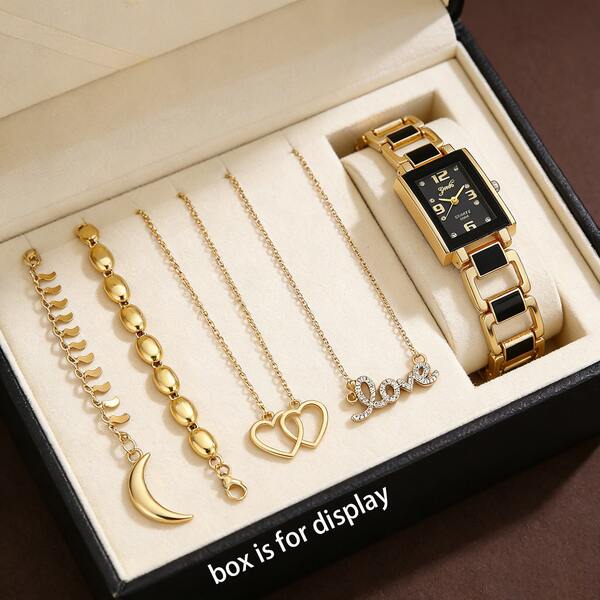 5pcs Women's Luxury Watch Set - Black & Gold Square Watch + Assorted Necklaces & Bracelets, Versatile For Work & Commute, Gift For Valentine's Day/Birthday