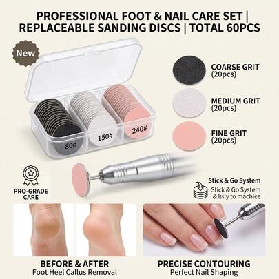 Nasin 60 piezas de papel de lija reemplazable, herramienta de pulido de manicura, pegatina de pulido de uñas de los pies, accesorios de lima de uñas para pedicura, adecuado para el hogar, salón de uñas, pulido de uñas profesional, multicolor con disco de metal