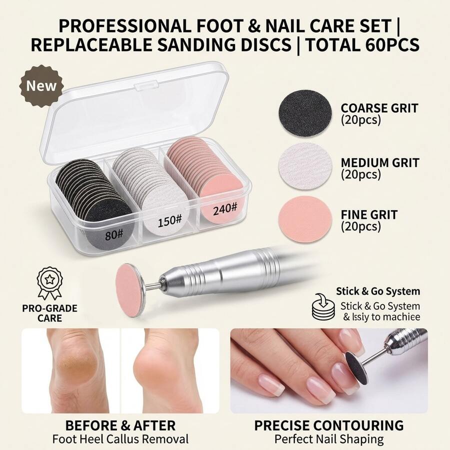Nasin Bộ 60 miếng giấy nhám thay thế, dụng cụ mài móng tay, miếng dán mài móng chân, phụ kiện dụng cụ chăm sóc móng, thích hợp sử dụng tại nhà, tiệm nail, tạo hình và mài móng chuyên nghiệp, nhiều màu sắc kèm đĩa kim loại. - Nhiều màu - Xem 1