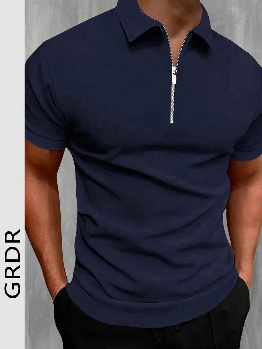 GRDR Men's Summer Polo Collar Half Zip Short Sleeve T-Shirt, Suitable For Outdoor, Vacation And Casual Wear