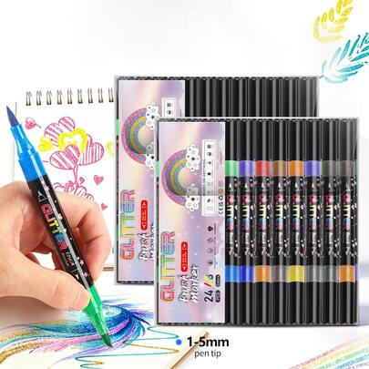 Bút dạ kim tuyến 24/48 màu, hai đầu hai màu 1-5mm, đầu cọ mềm lấp lánh dùng để vẽ nguệch ngoạc, viết chữ, làm đồ thủ công mỹ nghệ, thiệp chúc mừng sinh nhật, đồ dùng văn phòng phẩm, đồ dùng học tập, đồ dùng trở lại trường học.
