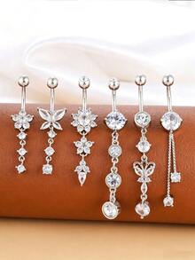6pcs Silver Butterfly & Chain Belly Button Rings Set, Classic Pendant Stainless Steel Piercing Jewelry For Daily Wear - Silver - View 10