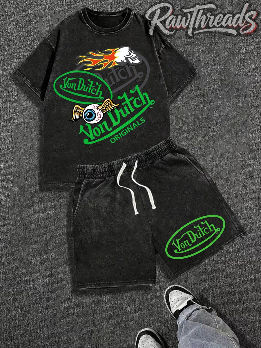 Mens Creative T-Shirt And Shorts Set Vintage Streetwear Style Vonn Dutchh Motorcycle Graphic And Text Metrose Ave So Cal Print Set Ideal For Daily Wear Family Gatherings Summer Trips And Festive Occasions - 黑色 - 查看 1