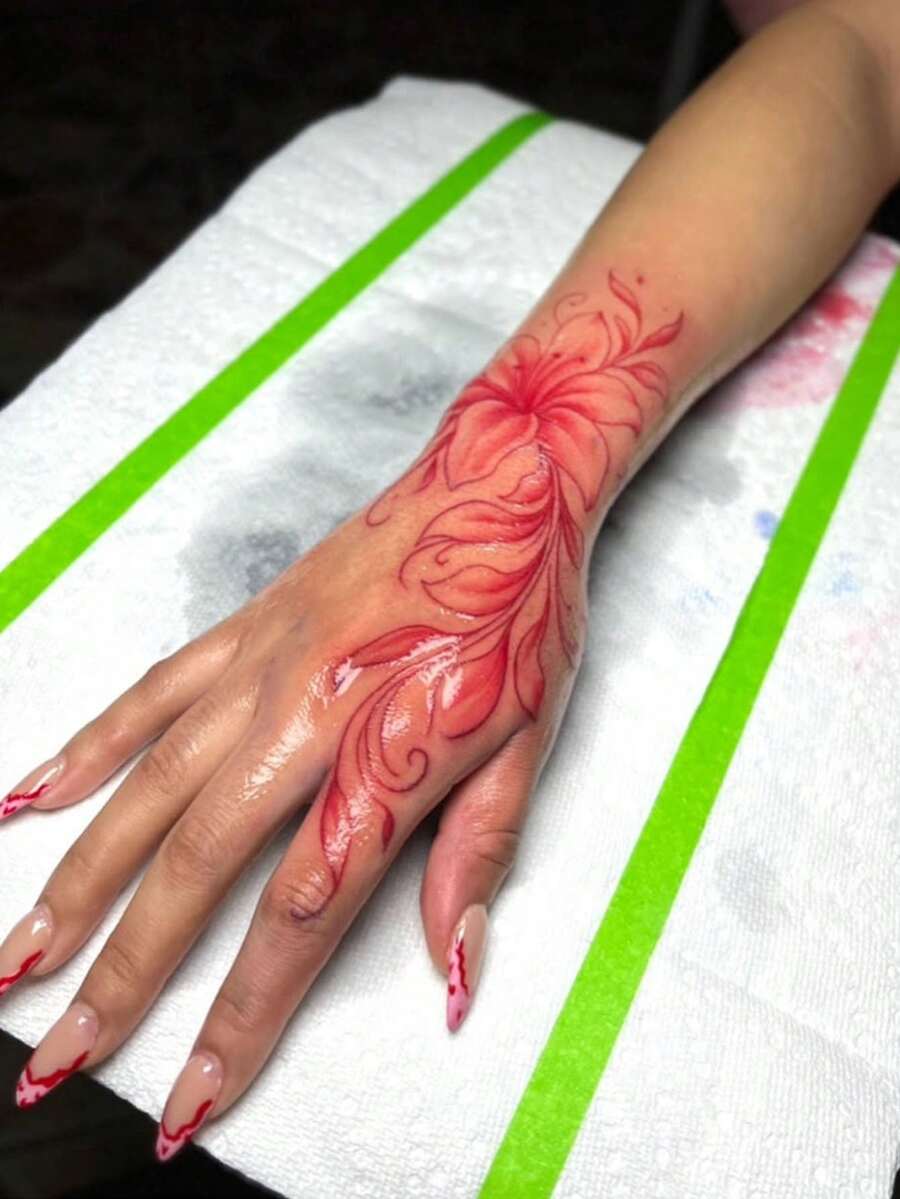 1pc Washable Temporary Tattoo, PVC Arm Floral Tattoo, Minimalist Ink Flower Design, Suitable For Daily Use - Red - View 1