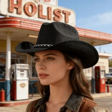 Western Style Cowgirl Hat Stylish Leather Belt Decorated Wide Brimmed Straw Cap For Men Women Outdoor Party - màu đen - Xem 5