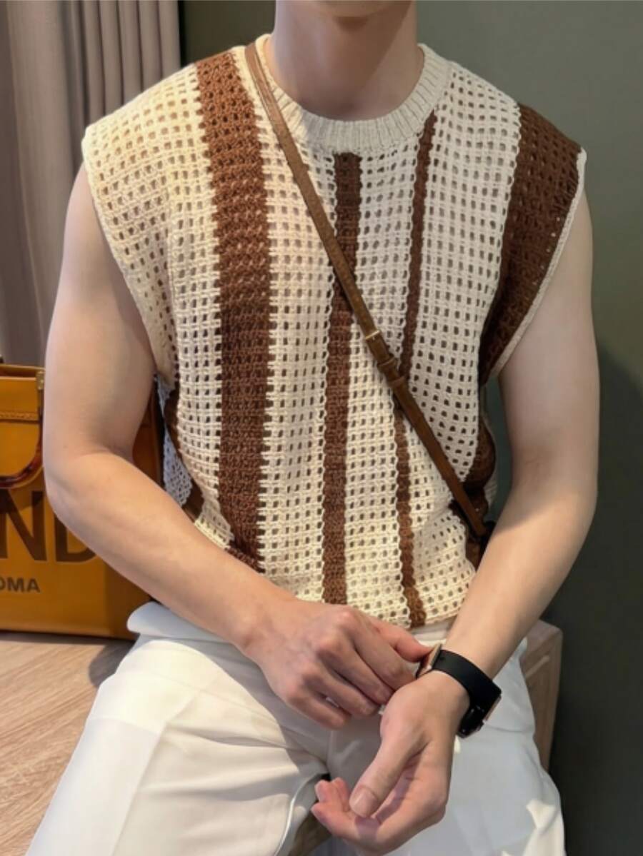男士复古镂空针织背心 - 经典条纹圆领无袖上衣 - 简约时尚叠穿单品,夏季性感奢华男士镂空背心,街头风无袖运动服,轻盈透气夏季针织衫 - 杏色 - 查看 1