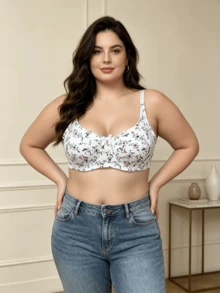 1pc Minimalist Thin Wire Bra With Side Support, Ink Plum Blossom Print, Seamless Plus Size Women Bra - White - View 3