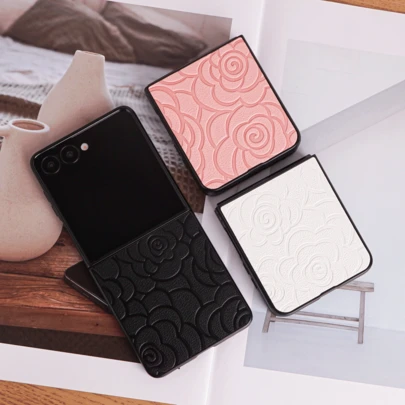 Ốp lưng điện thoại gập bằng da giả cao cấp, mờ, dập nổi họa tiết hoa cho Galaxy Z Flip 7/7FE/5/4 5G, bảo vệ điện thoại gập.