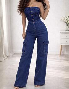 Enterizo Palazzo Mujer Mezclilla Denim Strapless Azul Lavado con Brillos Strass y Botones Metálicos, Bolsas Cargo, Pierna Ancha Wide Leg, Casual Verano Playa Vacaciones Outfit Moderno Sexy - Azul Marino - Ver 1