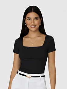 Set Of 2 Women's Square Neck Short Sleeve Blouses In Premium Supplex Fabric, Suitable For Everyday Wear, Home, Evenings, And Offices. - 黑白 - 查看 2