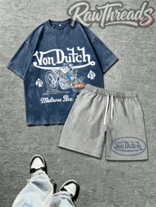 Mens Creative T-Shirt And Shorts Set Vintage Streetwear Style Vonn Dutchh Motorcycle Graphic And Text Metrose Ave So Cal Print Set Ideal For Daily Wear Family Gatherings Summer Trips And Festive Occasions - 藍色 - 查看 1