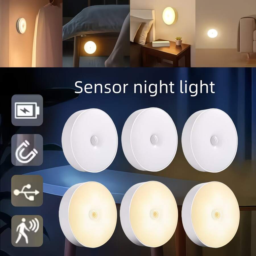 8 مصابيح LED ذكية بحساس حركة مع مفتاح، تعمل ببطارية قابلة للشحن عبر USB، مناسبة للخزانة وغرفة النوم والحفلات وديكور المطاعم