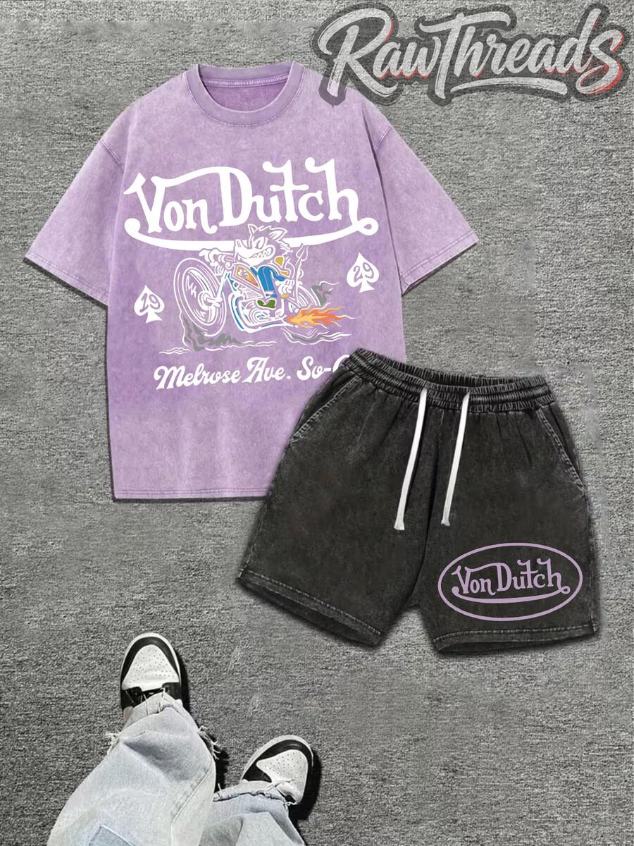 Mens Creative T-Shirt And Shorts Set Vintage Streetwear Style Vonn Dutchh Motorcycle Graphic And Text Metrose Ave So Cal Print Set Ideal For Daily Wear Family Gatherings Summer Trips And Festive Occasions - Màu tím - Xem 1