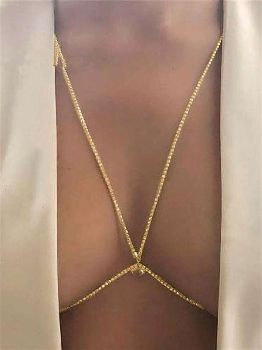 Women's Classic Chest Chain, Sparkling Crystal Body Jewelry, Sexy Party Accessory - Gold - View 1