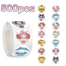 SANRIO 500张/卷 三丽鸥KT猫图案贴纸，可爱卡通圆形封口贴纸，略微防水，易撕，适合母亲节礼物、婚礼季、派对礼品、宾果游戏奖品、返校季、剪贴簿、礼品包装装饰（随机款式） - 彩色 - 查看 1