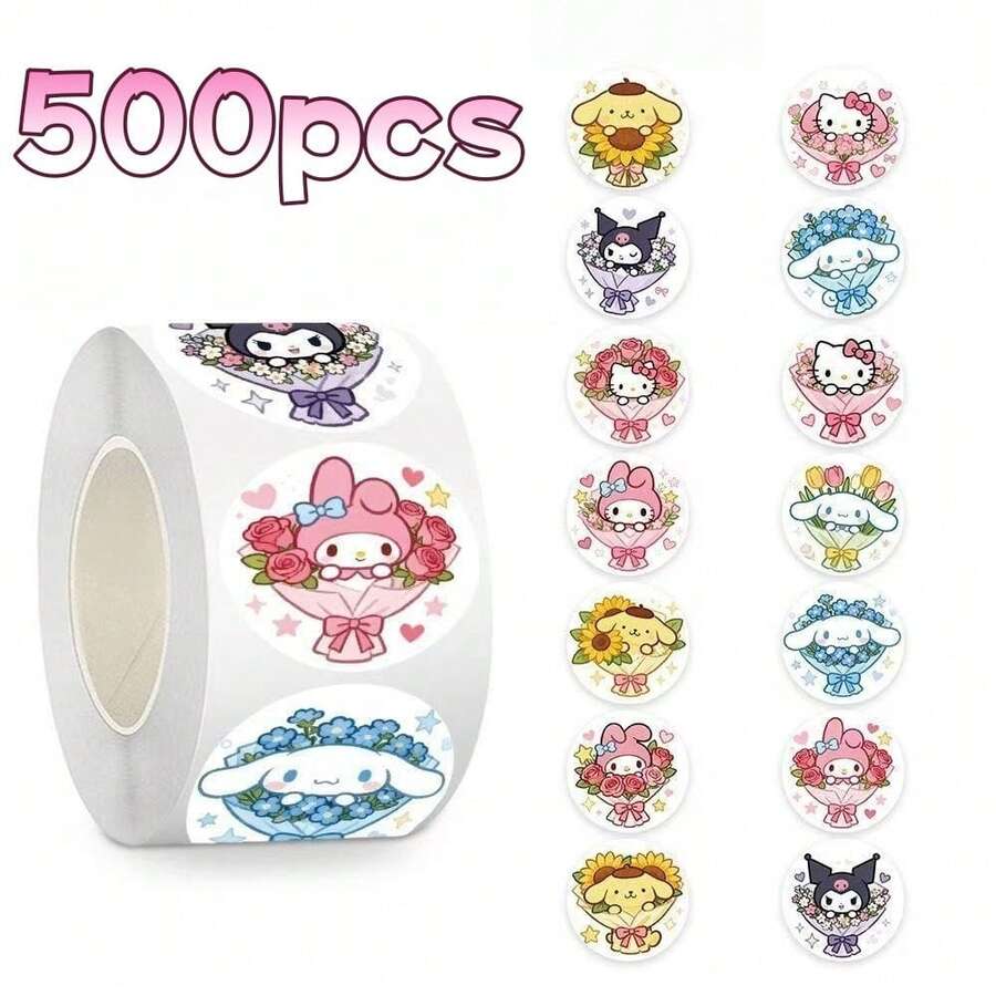 SANRIO 500张/卷 三丽鸥KT猫图案贴纸，可爱卡通圆形封口贴纸，略微防水，易撕，适合母亲节礼物、婚礼季、派对礼品、宾果游戏奖品、返校季、剪贴簿、礼品包装装饰（随机款式） - 彩色 - 查看 1