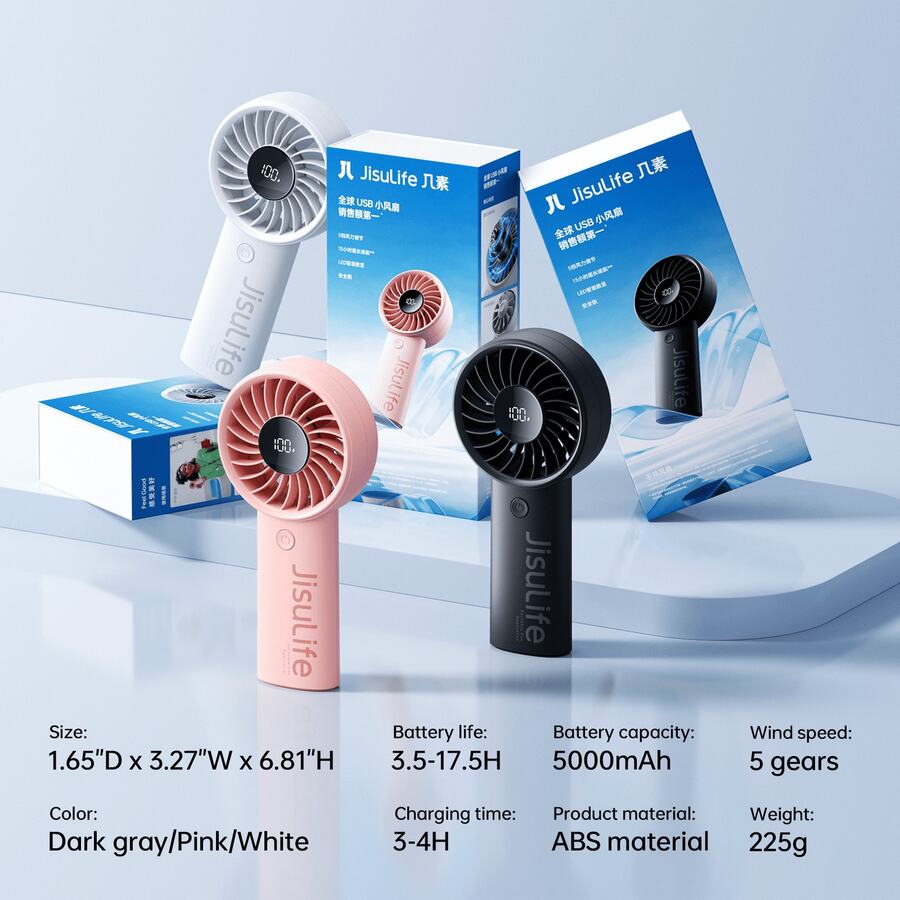 JISULIFE Portable Handheld Fan, 5 Speeds, 5000mAh Battery, 12-Blade Turbo, LED Display, Travel Essential, Vacation Essentials, Bridesmaid Gifts - Handheld - View 1
