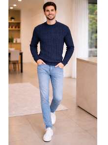 Men's Wool Knit Sweater With Round Neck And Braided Pattern - Autumn/Winter Fashion - Màu xanh hải quân - Xem 5