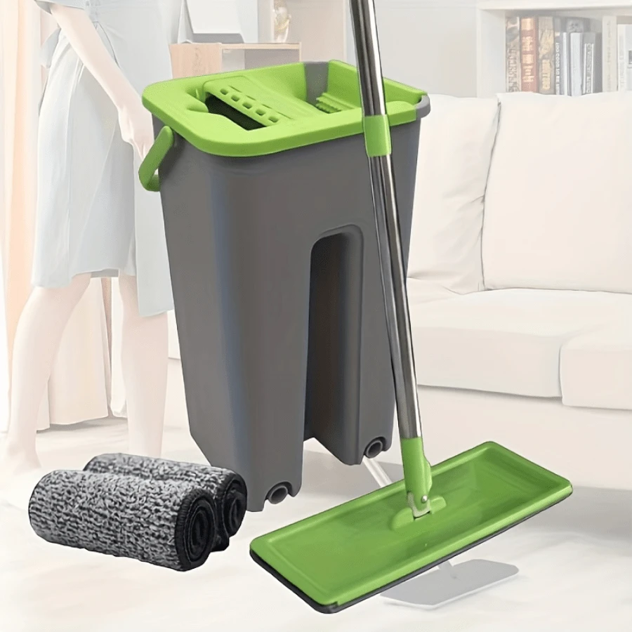 Hand Wash Free Mop, Wash And Wipe With Water Integrated Dry And Wet Dual-Use Flat Mop, Household Cleaning Mop, Wall Cleaner, Flat Mop And Bucket Set - 刮桶-綠色 - 查看 1