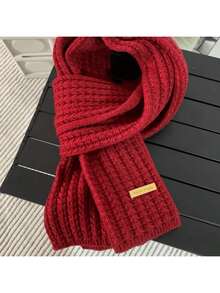 1PC Ladies' Solid Color Thick Knitted Wool Scarf, Winter Warm Neck Wrap For Daily Wear - Đỏ - Xem 1