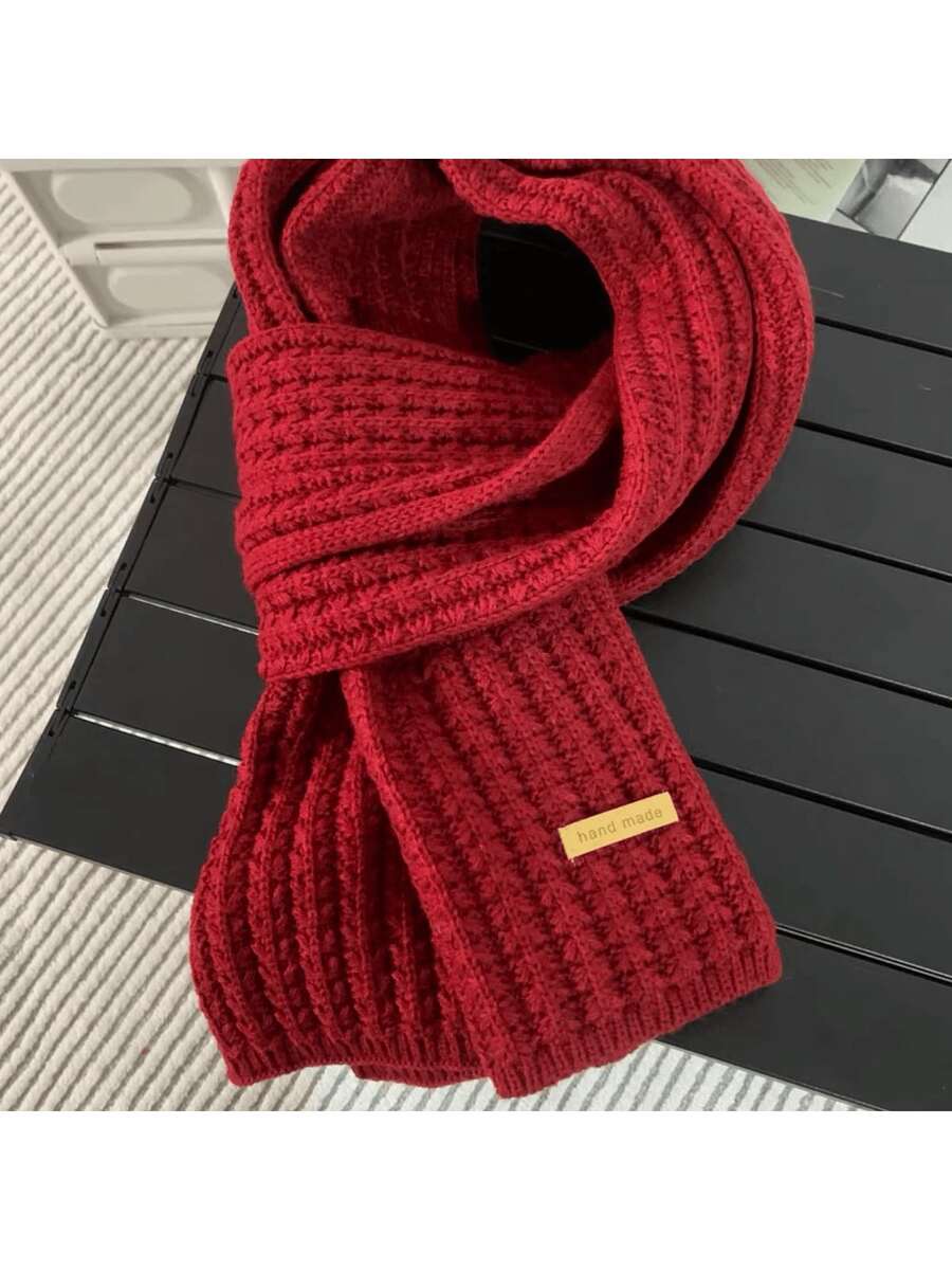 1PC Ladies' Solid Color Thick Knitted Wool Scarf, Winter Warm Neck Wrap For Daily Wear - Đỏ - Xem 1