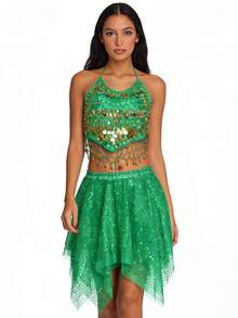 Belly Dance 2 Pieces Costume Set - Coin Embellished Halter Crop Top With Sparkly Asymmetrical Mesh Skirt For Stage Performance & Dance Practice (Available In Multiple Colors) - Multicolor - View 10