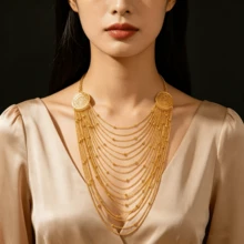 1 pieza Collar de cadena con borlas de cuentas multicapa, collar gargantilla de diseño único y lujoso de moda para mujeres - Dorado - Ver 1