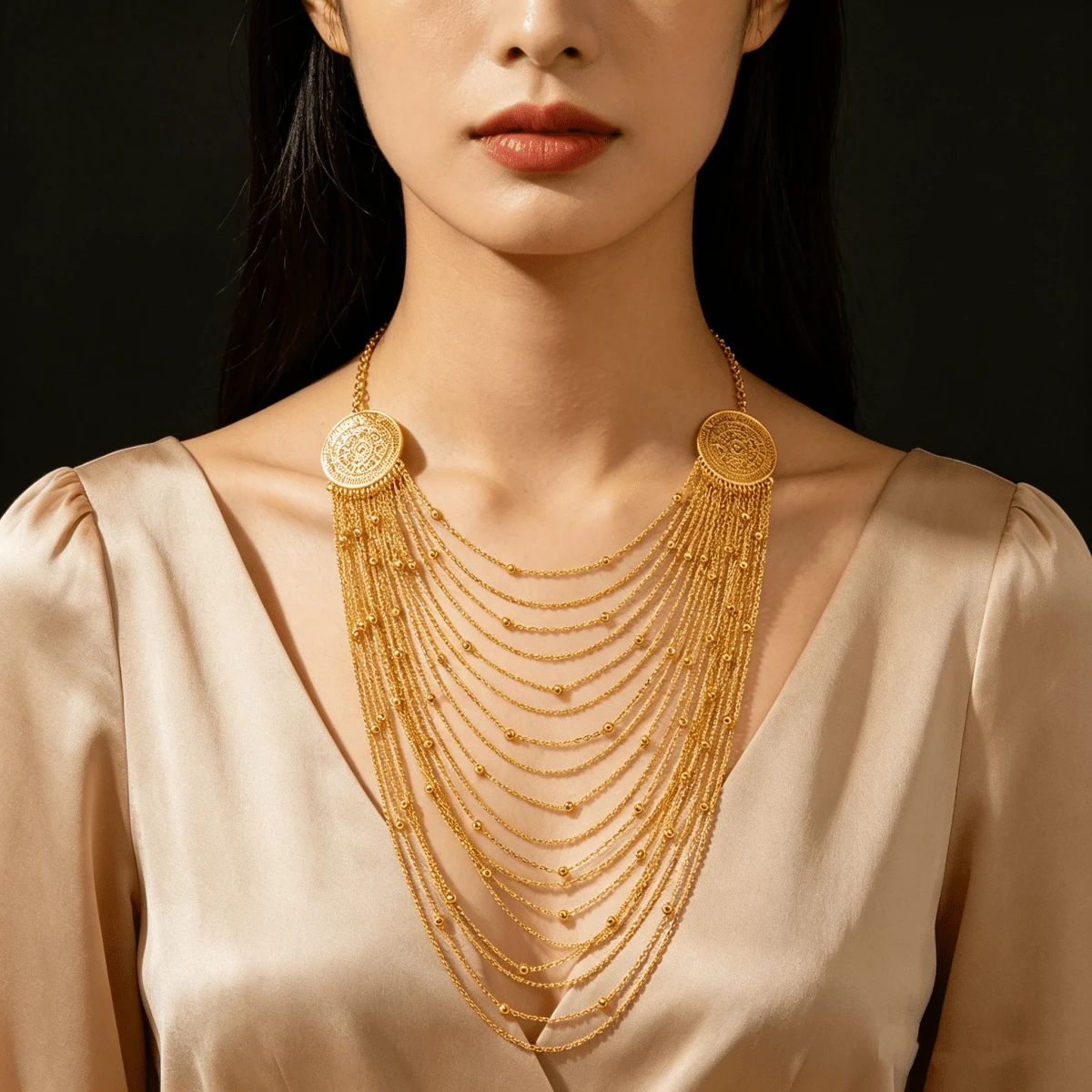 1 pieza Collar de cadena con borlas de cuentas multicapa, collar gargantilla de diseño único y lujoso de moda para mujeres - Dorado - Ver 1