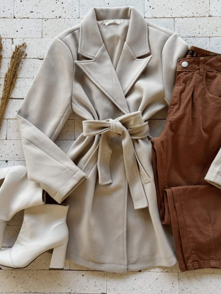 Women's Overcoat With Belt, Thick Boiled Wool - Beige - View 1