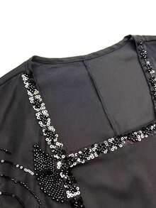 SUPGIR Women's Mandarin Collar Long Sleeve Handmade Rhinestone Satin Evening Dress Black - Black - View 8