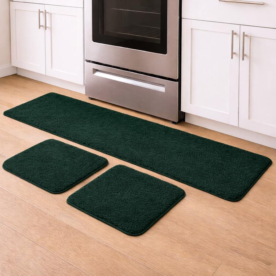 Set Of 3 Non-Slip Kitchen Mats, Low Pile, Washable - Green - View 1