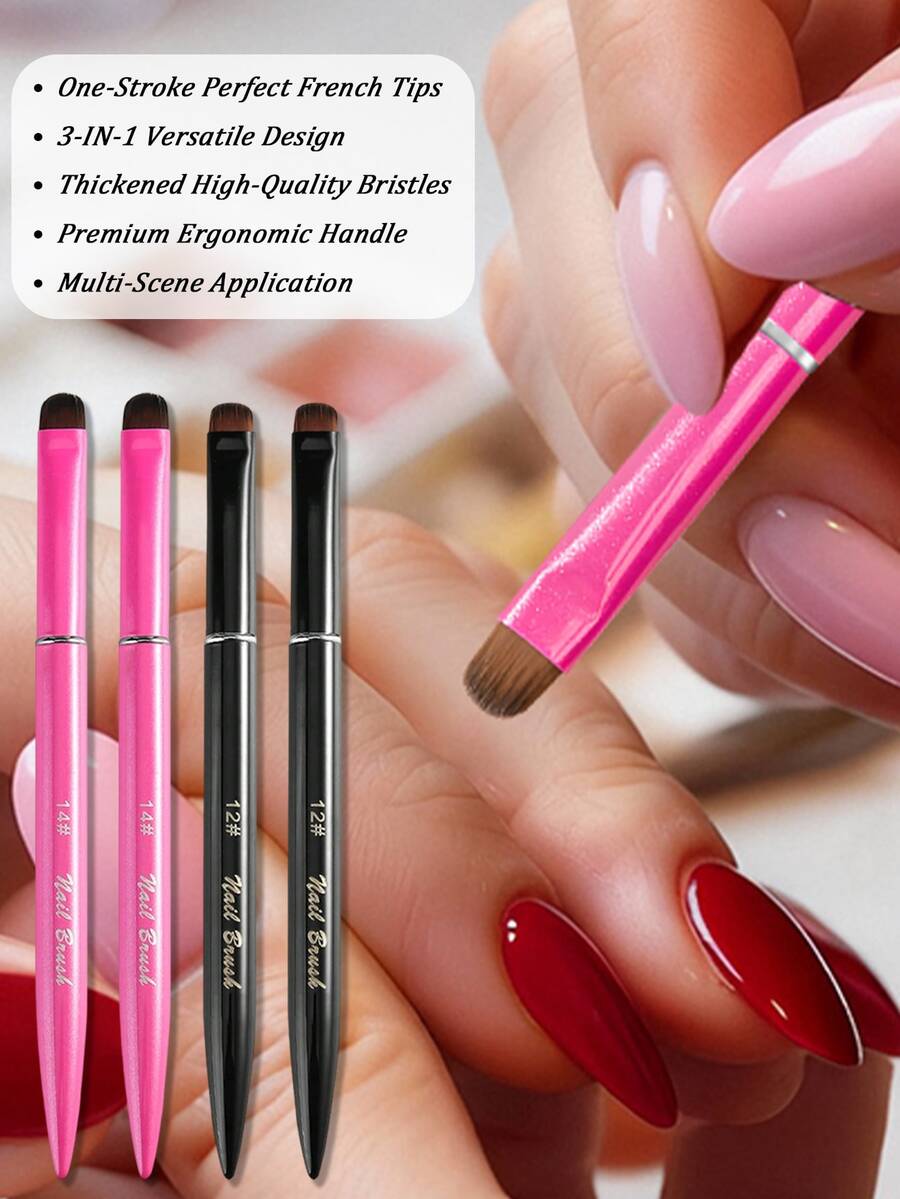 1/2/4pcs 3-In-1 French Nail Brush Set, Angled Nylon Hair Nail Art Brush Suitable For Gel Nails, Home & Salon Manicure Tool - Multicolor - View 1