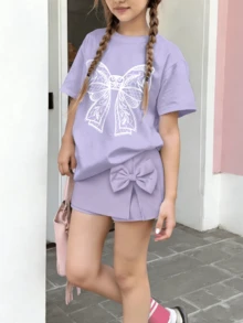 Tween Girls  Summer Sets White Bow Tie Pattern Print Short Sleeve Top And Skirt Set Summer Clothes For Tweens Girl - Mauve Purple - View 4