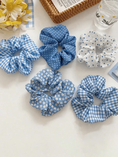 1/5 Pcs Blue And White Scrunchies For Women Girls, Cute Floral Gingham Polka Dot Hair Ties, Soft Elastic Hair Bands Accessories For Thick Thin Hair Headbands For Women Beach Accessories