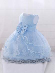 Young Girls Solid Color Beaded Bow Embroidery Mesh Party Dress, Headband Not Included - Baby Blue - View 6
