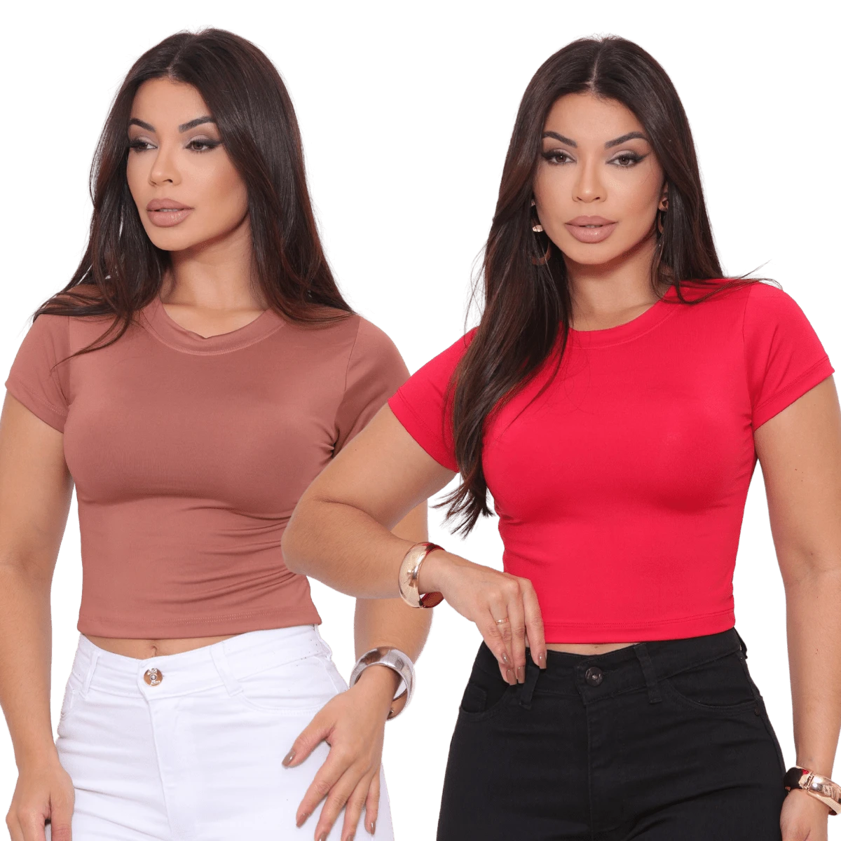 Kit 2 Cropped Basic Suplex Blouse Plain Short Sleeve Various Colors - 1 Brown 1 Red - View 1