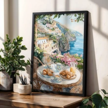 1pc Italian Breakfast Balcony Poster, Amalfi Coast Morning View Lemon Croissant Artistic Seaside Kitchen Wall Art Poster Decoration - A - View 15