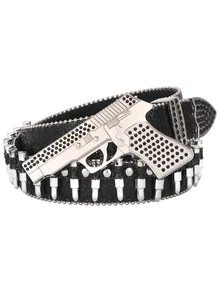 1 pieza Cinturón de estilo callejero estadounidense de mini pistola multicolor con tachuelas y cristales de strass, cinturón de cuero punk hip hop con balas y remaches, adecuado para el estilo "baddie" y Y2K - pistola pequeña - Ver 12