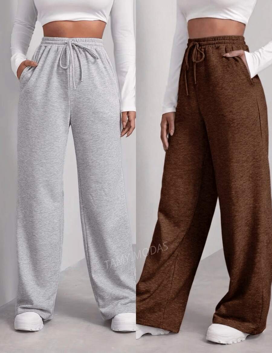 Set Of 2 Women's Woolen Pants, Winter Fashion , Wide Leg, High Waist - Xám và nâu - Xem 1