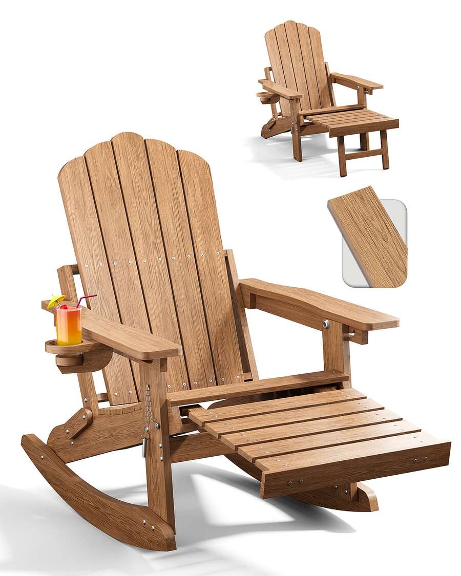 Adirondack Rocking Chairs With Retractable Ottoman & Cup Holders, 6-In-1 Folding HDPE Outdoor Rockers For Patio, Porch, Lawn,Brown - Brown - View 1