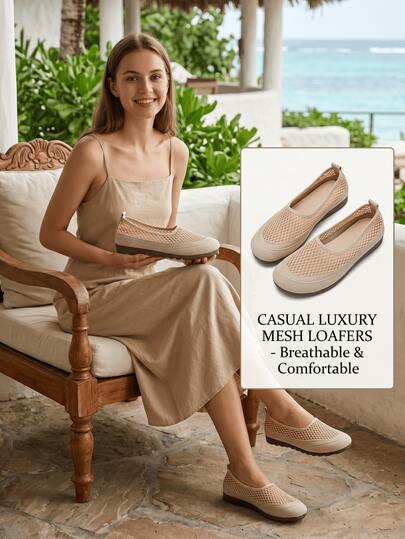 Breathable, Lightweight, Soft-Sole Patchwork Honeycomb Mesh Solid Color Round Toe Low-Top Flat Slip-On Casual Loafers, Slouchy For Middle-Aged & Elderly, Suitable For Summer Daily, Commuting, Home, Travel, Mesh & Suede Leather Combination