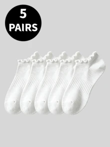 5 Pairs Women's Ruffle Trim Ankle Socks, Ruffled Hem Low Cut Casual Socks, Available In White, Black, Gray And Multi-Color - Multicolor - View 14