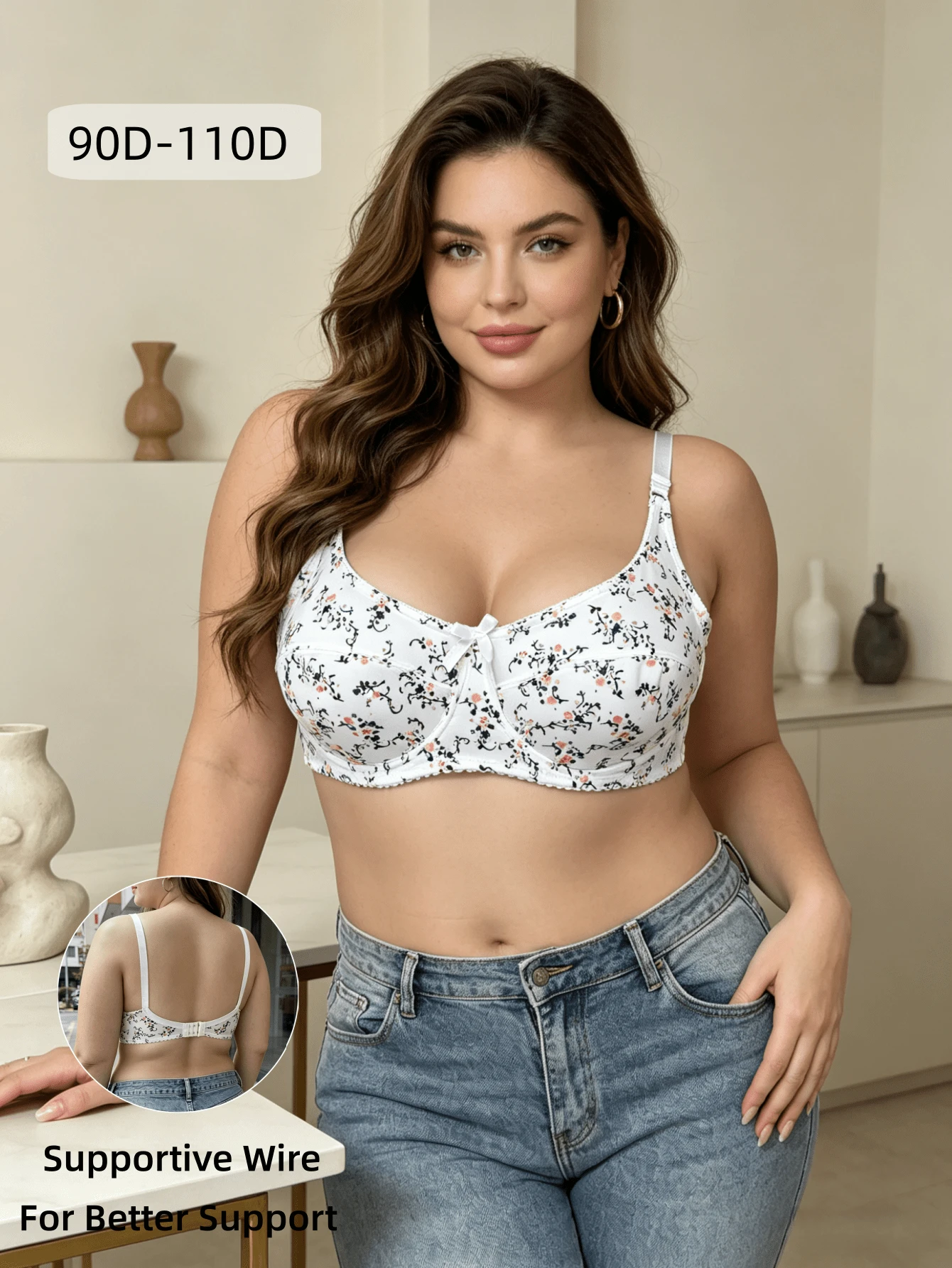1pc Minimalist Thin Wire Bra With Side Support, Ink Plum Blossom Print, Seamless Plus Size Women Bra - White - View 1