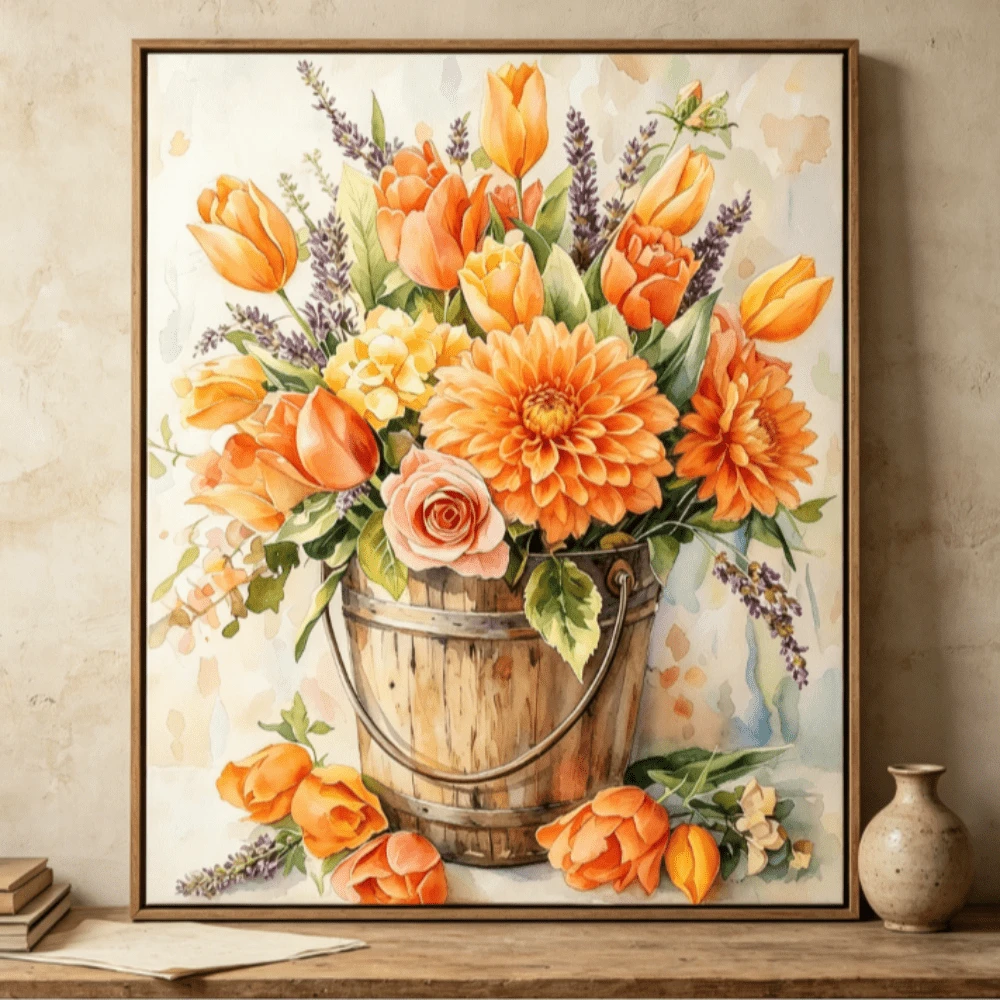 European Watercolor Floral Cross Stitch DIY Kit, Tulip & Dahlia Full Embroidery Wall Hanging, Beginner Handcraft Set