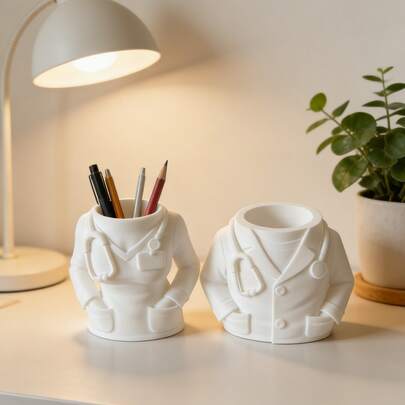 1pc Creative Desktop Doctor White Coat Pen Holder With Stethoscope Decoration, Medical Office Desk Organizer, Creative Stationery Ornament For Medical Students, PLA Basic Biodegrada