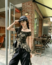 Spring Clothing, Tops, Polka Dot Hoodie, American Military Camouflage Pattern, Cropped, Women's, Double Zipper, Short Length, Oversized, Loose Fit, Slimming Effect, Street Style, Sweet And Edgy, Retro, Casual, Cute For Adults. - 軍綠色 - 查看 2