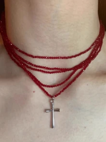 5pcs/Set Sparkling Party Red Beaded Cross Necklace Set (Please Check Size Before Ordering, Necklace Size Is Relatively Small) - Red - View 5