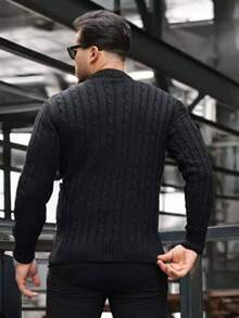 Men's Wool Knit Sweater With Round Neck And Braided Pattern - Autumn/Winter Fashion - 黑色 - 查看 2