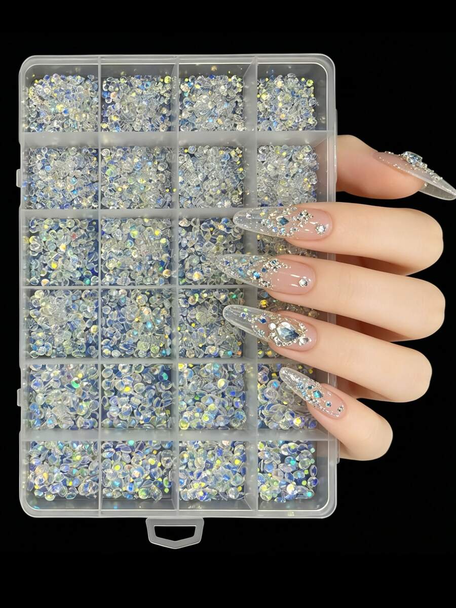 Diamantes redondos en caja, sin montar, con alto brillo AB, multicolor y de diferentes tamaños, igual que en salones de uñas, accesorios DIY impermeables y de alta calidad - Multicolor - Ver 1